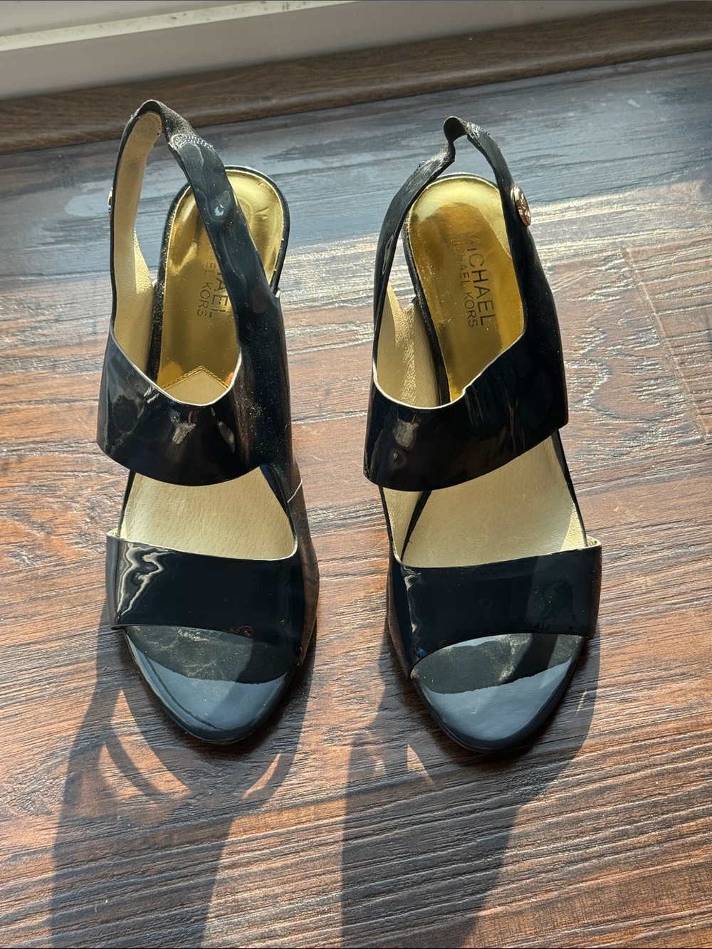Michael Kors Navy Patent Open-Toe Slingback Heels with Gold Insole